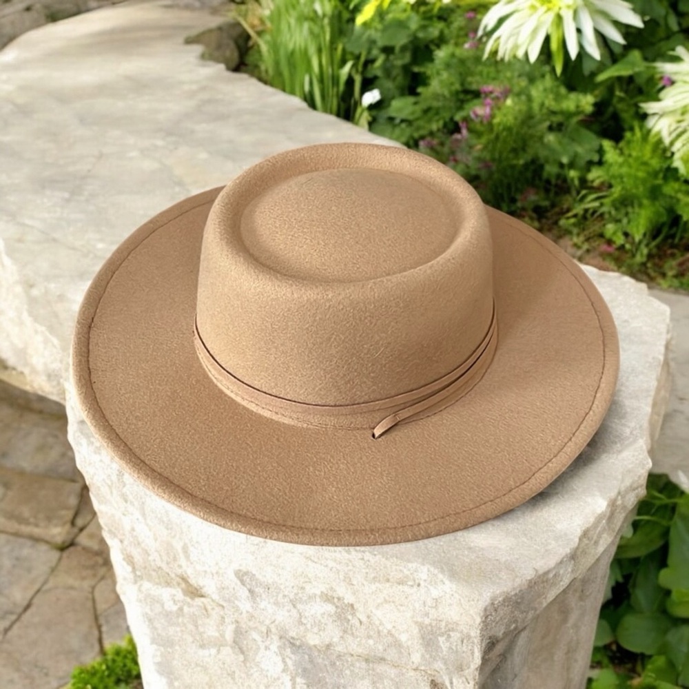 FOUR BUTTONS SAN DIEGO HAT COMPANY FAUX FELT WIDE BRIM HAT CAMEL TAN ONE SIZE